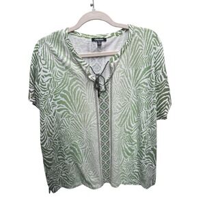 Olsen Zebra Print Top Women XL/16 Green Excellent Boho Split Neck Tie Slub Knit
